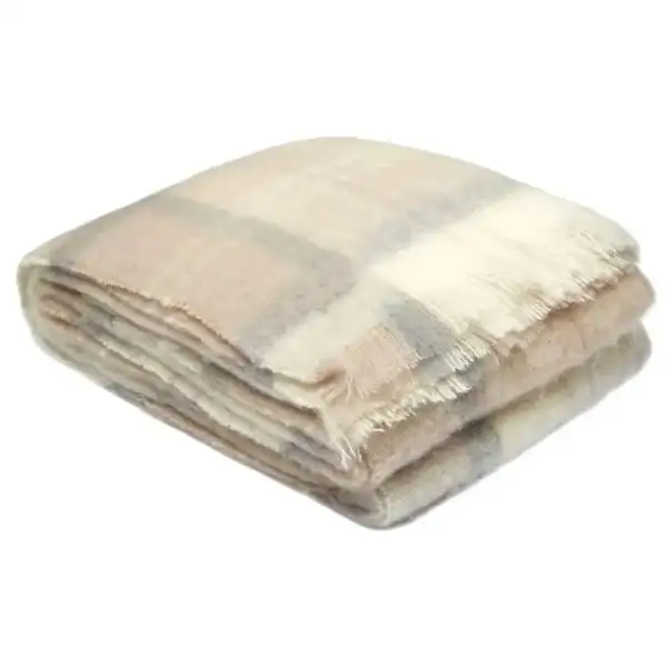Ingubo Mohair Blanket Solid Shade-IG 2001 Earth Plaid-Cream-Beige-Grey Check