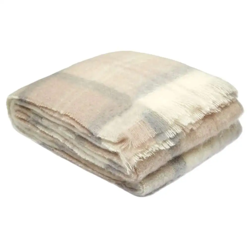 Ingubo Mohair Blanket Solid Shade-IG 2001 Earth Plaid-Cream-Beige-Grey Check